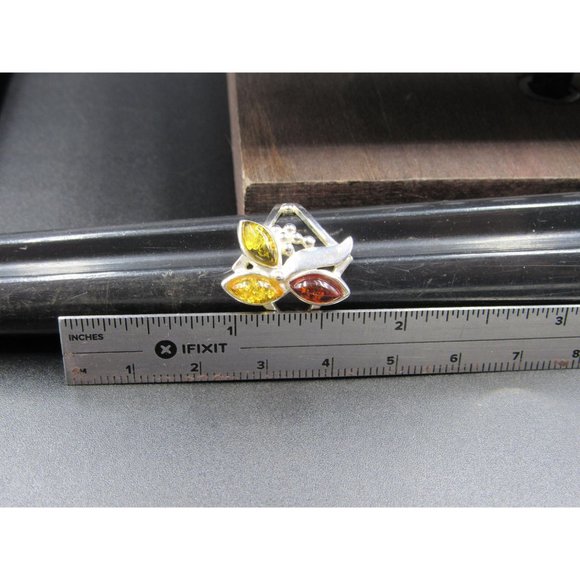 Size 9 Sterling Silver Triple Amber Floral Design Band Ring Vintage Statement - Picture 7 of 8